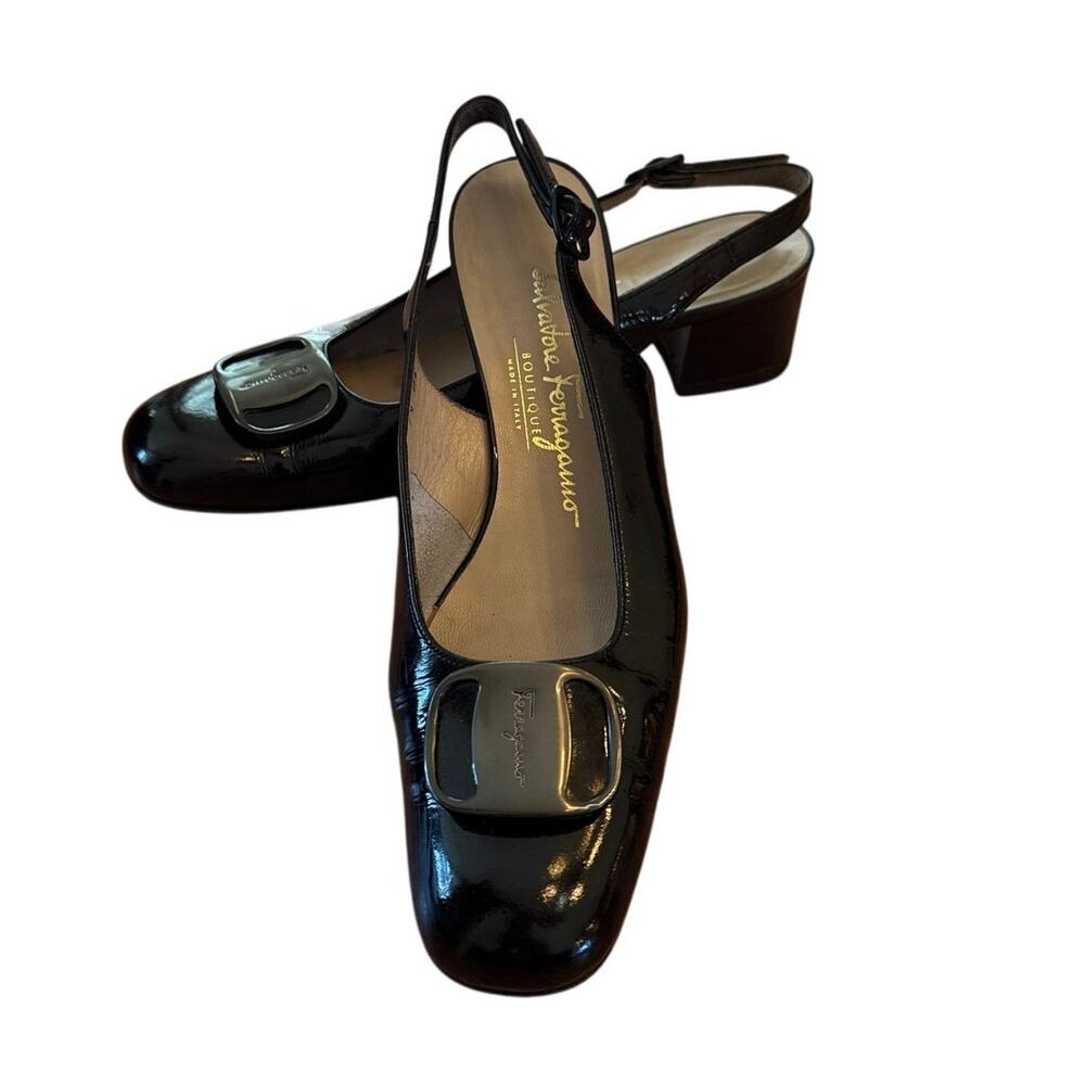 Salvatore Ferragamo Logo Leather Slingback Block Heel Shoes Black Sz 7.5 AA VGUC